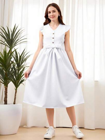 SHEIN 少女优雅纽扣前短袖连衣裙，适合假日、夏季、旅行