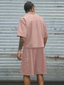 AXEPEAK Bộ 2 áo sơ mi tay ngắn dáng rộng phong cách đường phố thoải mái ve áo và quần short dành cho nam - Hồng - Xem 2