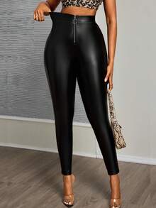 SHEIN CURVE+ Quần legging da PU màu trơn có khóa kéo phía trước cỡ lớn dành cho nữ/Mùa thu/Mùa đông - màu đen - Xem 5