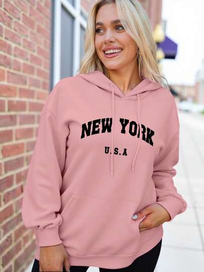 ReShift 大码女式字母“NEW YORK U.S.A”城市名称印花保暖抽绳卫衣，秋冬季