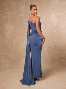 Lumalex Women's Elegant Dusty Blue Summer Party Night Wedding Guest Dress,Asymmetric Neck Ruched Draped Metal Decor Banquet Modest Glitter Holiday Glamour - Dusty Blue - View 9