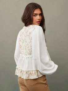 WESTFADE Western Mixed Media Floral Print Woven V Neck Babydoll Long Sleeve Cowgirl Top - Multicolor - View 2