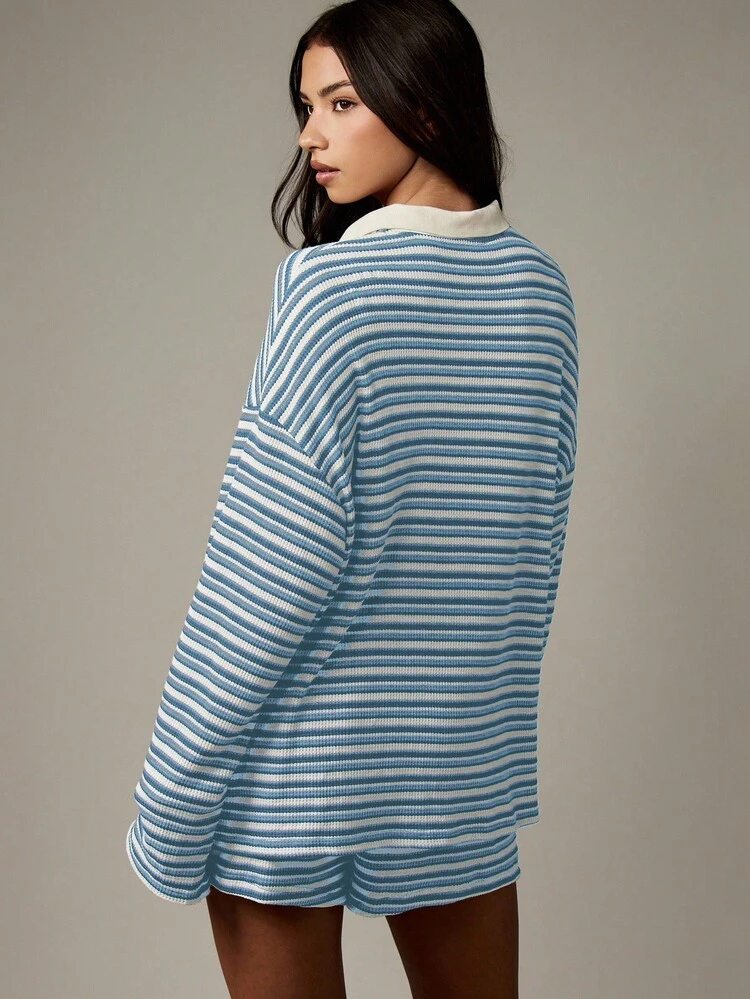 MISSGUIDED Luźny zestaw koszulek i spodenek w paski retro w stylu rugby, elegancki, letni, plażowy, wypoczynkowy, przy basenie