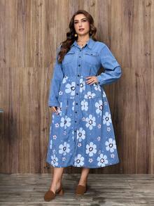 EMERY ROSE Plus Size Women Casual Light Blue Printed Long Sleeve Denim Dress - Light Wash - View 4