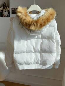 Muchica Winter Clothing Women's Halloween Sweater Gothic Clothing Fashionable Versatile Fur Collar Hooded Jacket, Winter Coat Down Jacket White Splicing Fur Collar Down Ski Suit,Fall