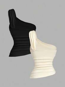 SHEIN MOD Damen Set aus einfarbigem Top mit Rüschenkante und goldenem Brosche-Dekor - Verschiedenfarbig - Übersicht 2