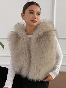 DAZY 女士无袖连帽仿皮草外套，宽松休闲街头风冬季背心女式大衣 - 卡其色 - 查看 6