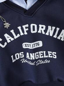 青少年女孩运动衫，休闲学院风百搭，二合一运动衫衬衫领数字和字母印花豹纹图案宽松男童服装男童运动衫男童运动衫男童毛衣儿童服装 - 藏蓝色 - 查看 7