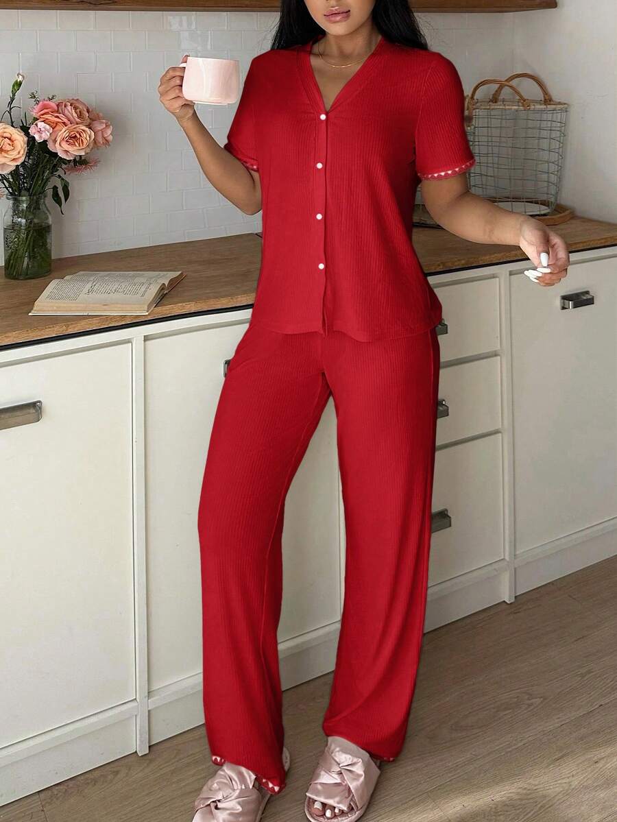 SHEIN 2pcs Women Casual Contrast Color Loungewear Set - Multicolor - View 1
