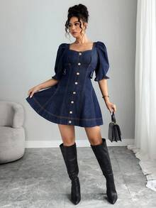 Selianne Women's Elegant Denim Dress For Party & Outing - Blue - View 5