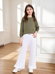 SHEIN Tween Girls' Letter Patch Detail Flare Pants, Casual & Fashionable, High-Waisted Design, Letter Patch Decor, Flare Leg - White - View 5