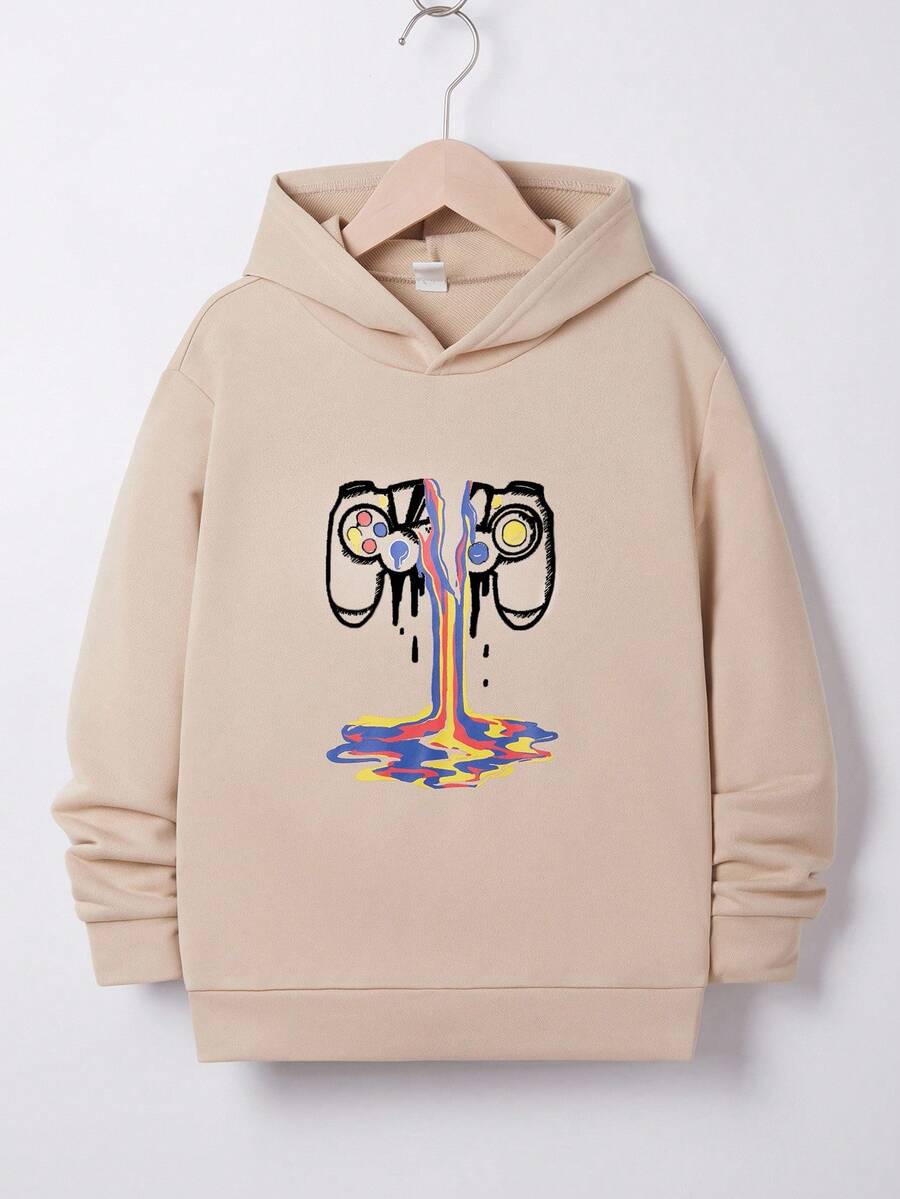 SHEIN 青少年男童休闲印花针织卫衣 秋冬女童服装 - 卡其色 - 查看 1