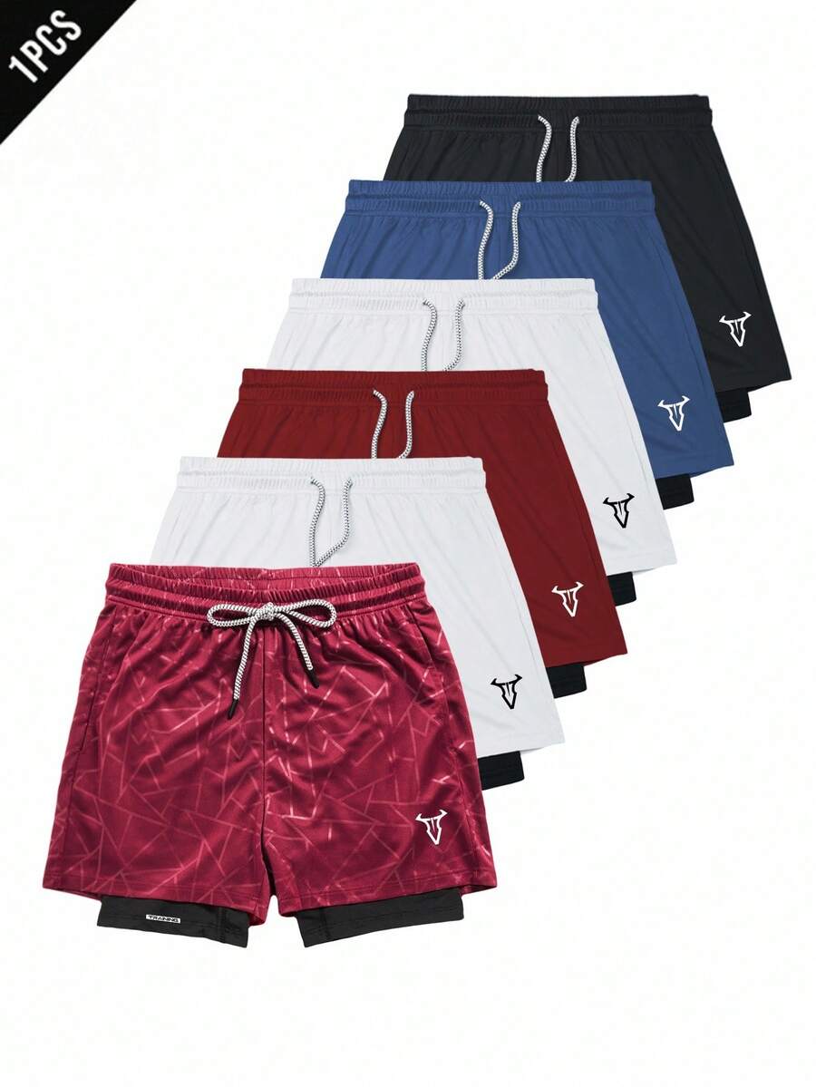 Manfinity Sport Corelite Men's Bull Print Drawstring Waist Double Layer Sports Shorts - Burgundy - View 1