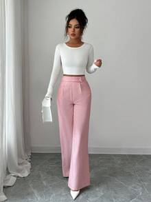 Elenzga 女士粉色竹纤维面料腰部前片搭扣设计优雅教师制服专业休闲裤，感恩节、万圣节必备百搭宽松直筒裤 - 粉色 - 查看 3