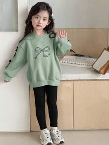 Dazy Kids 2pcs/Set Young Girls Round Neck Knit Bow Print Outfit - Green - View 4