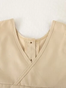 Genkimix Kids 1 件年轻女孩卡其色刺绣宽松连体裤，前口袋，V 领设计，休闲时尚，春秋 - 杏色 - 查看 7