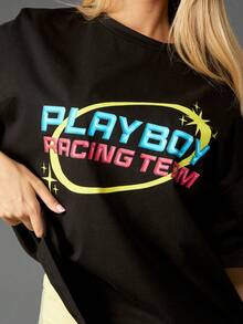 Missguided x Playboy Oversized Graphic T Shirt With Racing Team Print And Short Sleeves For Casual Wear - Black - View 4