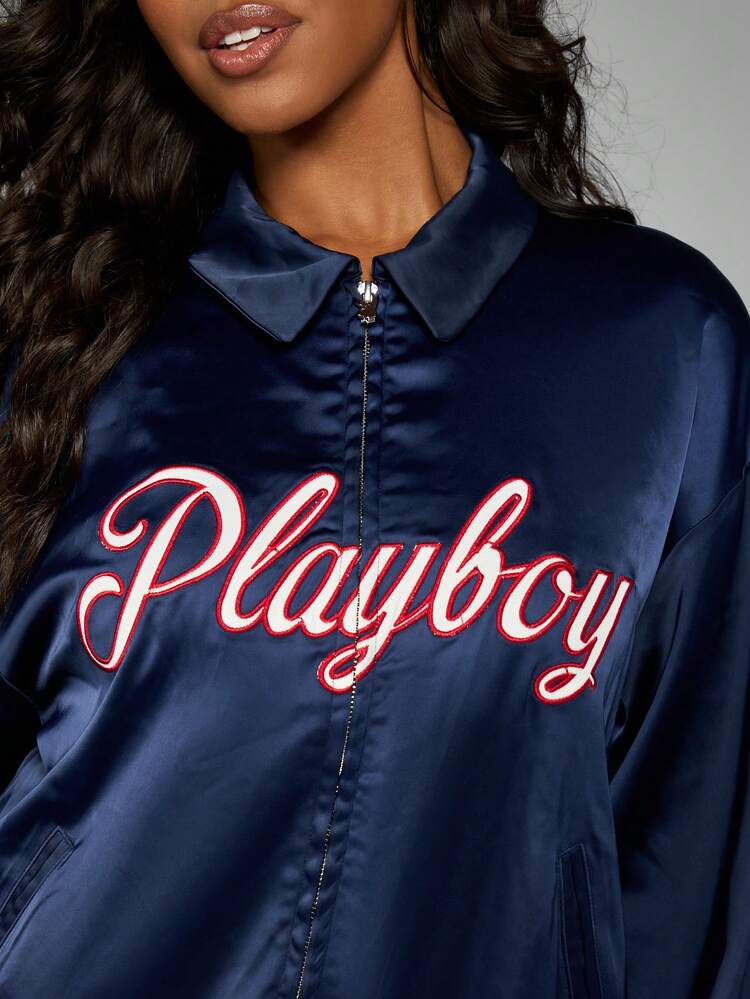 Missguided x Playboy Satin Varsity Bomber Jacket With Ribbed Trim