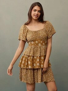 WESTFADE Gaun Mini Berenda Bertingkat Lengan Pendek Leher Persegi Motif Bunga Campuran Cokelat, Ikat Pita di Belakang, Musim Panas, Boho, Liburan, Pakaian Barat untuk Wanita - MultiWarna - View 5