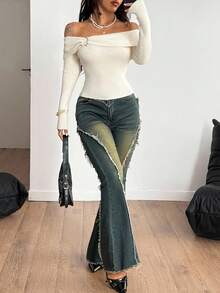 Coolane 女士秋季街头服饰外出派对乡村音乐会复古 Y2K 弹力露肩毛衣 - 米色 - 查看 5