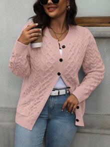 Plus Size Women Solid Color Knit Button Front Casual Cardigan, Pink - Dusty Pink - View 4