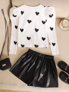 SHEIN Tween Girl Casual Elegant Heart Print Puff Sleeve Round Neck T-Shirt And PU Patch Asymmetrical Hem Heart Metal Button Skort PU Shorts 2 Pieces Set, Black & White PU Shorts Outfit Black And White Clothes For Tween Girls Cute Cheap Clothes Teen Girl Outfits Sets Girls Outfit Sets 13 Cute Outfit Bundles For Teen Girls - Black - View 2