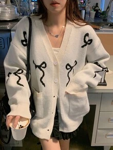 DAZY 女式V领蝴蝶结印花宽松长袖休闲开衫秋冬 - 米色 - 查看 1