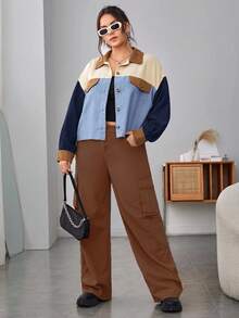 SHEIN EZwear 大码女式撞色落肩长袖单排扣休闲衬衫，秋季 - 彩色 - 查看 3