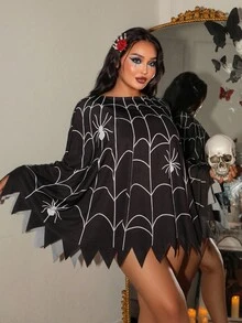 Fantasy Costume Plus Size Halloween Spider Web & Spider Disguise Cloak With Asymmetrical Hem, Slimming Look, Cute Trick Or Treat Costume, Can Be Worn Outdoors Spider Skirt Spiderweb Skirt