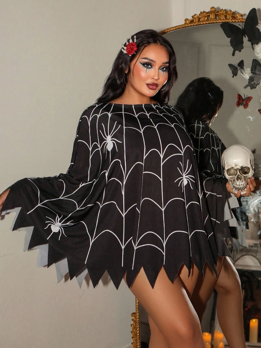 Fantasy Costume Plus Size Halloween Spider Web & Spider Disguise Cloak With Asymmetrical Hem, Slimming Look, Cute Trick Or Treat Costume, Can Be Worn Outdoors Spider Skirt Spiderweb Skirt