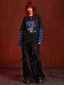 Friday the 13th X ROMWE Women's Casual Fashion Street Goth Style Letter & Tree Pattern Contrast Stripe 2-In-1 Loose T-Shirt, Spring/Autumn - Black - View 2