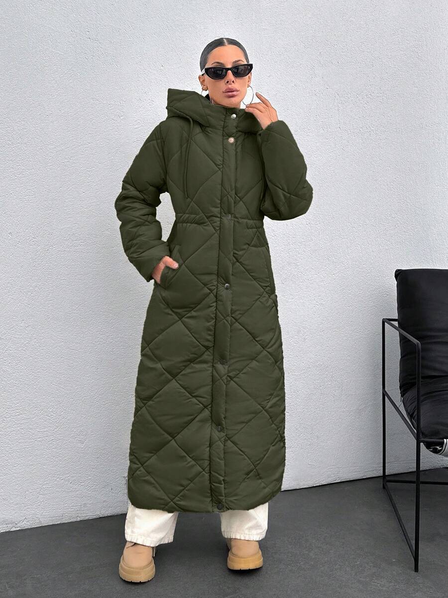 EURMUSE Women's Hooded Waist Drawstring Quilted Long Winter Down Coat
