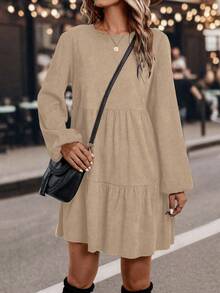 EMERY ROSE Casual Commuter Solid Color Lantern Sleeve Dress - Apricot - View 5