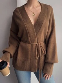 Livesso Áo khoác cardigan dệt kim rộng dáng rộng, buộc chéo vai màu trơn dành cho nữ mùa thu/đông - Cà phê nâu - Xem 4