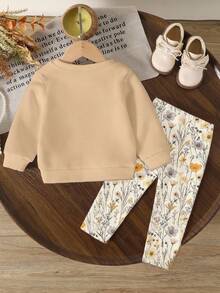 Playful Pals 2pcs/Set Cute Sweet Baby Girls Casual Floral Print Knit Soft Round Neck Long Sleeve Sweatshirt And Leggings Set, Suitable For Autumn/Winter, Comfortable, Fashionable Casual Outfit, Great For Back To School, Outdoor, Photography, Home, Campus, Holidays, Gifts