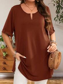 EMERY ROSE Áo thun dài tay màu xanh ô liu cỡ lớn dành cho nữ, đầu xuân - Rỉ Nâu - Xem 1