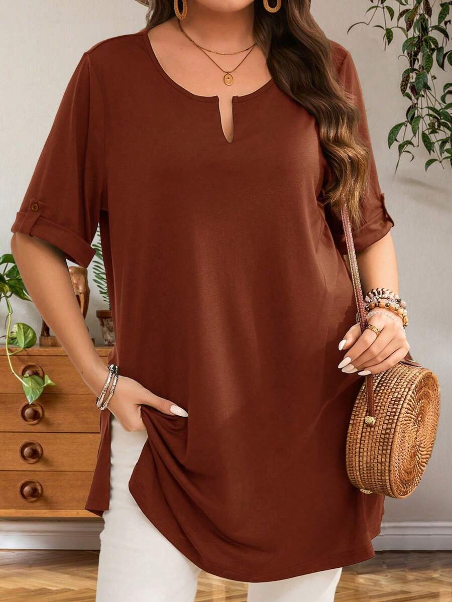 EMERY ROSE Áo thun dài tay màu xanh ô liu cỡ lớn dành cho nữ, đầu xuân - Rỉ Nâu - Xem 1