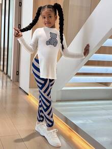 女童熊印花长袖T恤和裤子两件套 - 彩色 - 查看 3