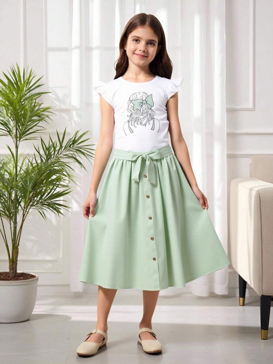 Tween Girl波浪袖女孩印花上衣和扣子裝飾的a字裙,休閒夏季套裝 - 薄荷綠 - 查看 1