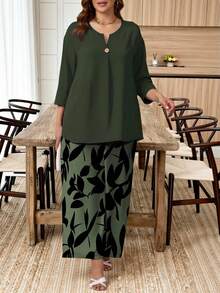 EMERY ROSE Conjunto de 2 piezas para mujer talla grande - Top casual y pantalones anchos con estampado floral vintage