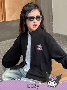 DAZY HELLO KITTY AND FRIENDS | SHEIN 少女立领刺绣卡通字母图案拉链外套，秋冬 - 黑色 - 查看 6