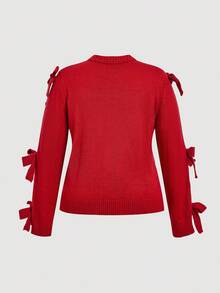 SHEIN MOD Cárdigan de punto con cremallera delantera abierta, manga larga y decoración de lazo rojo, talla grande