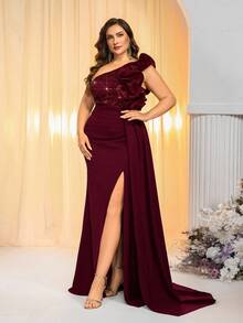 Glamrae Plus Size Beaded Patchwork Knit Fabric, Ruffle Hem, Sequin Decor, Green Asymmetric Shoulder Formal Evening Gown (Heavy Embellished) - Burgundy - View 6