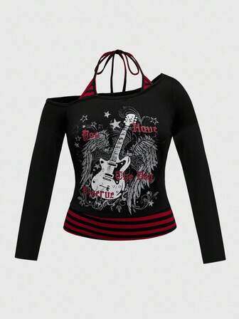 Grunge Punk Maglietta a canotta con stampa a contrasto di colore, con lacci e fiocco, stile Y2K sexy streetwear, taglie comode