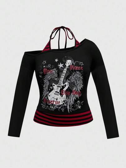 Grunge Punk تي شيرت حجم كبير من طراز Y2K بطبعة ألوان متباينة وأربطة عنق وعقدة على الصدر، ملابس شارع جذابة