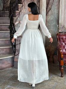 Flirla 纯色优雅腰部收紧合身褶皱长裙 - 白色 - 查看 2