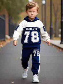 1 Bộ đồ hoodie thể thao phong cách trẻ em trai, Bộ hoodie và quần nỉ họa tiết chữ và số "BROOKLYN 78", Thích hợp cho các hoạt động thể thao hàng ngày, trang phục thường ngày và đi học, Thu/Đông - Nhiều màu - Xem 7