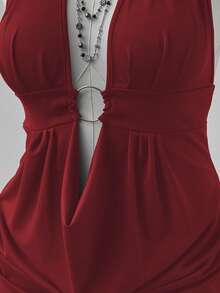 Sunspun 时尚夏季性感垂坠领镂空紧身连衣裙 - 酒紅色 - 查看 3