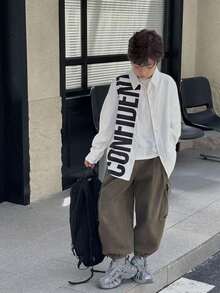 Mirajuku Tween BoyCasual Minimalist Letter Print Design White Long Sleeve Shirt, Suitable For Casual And Work Wear - White - View 3