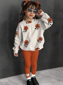 SHEIN Happikins 2pcs/Set Young Girl Casual Vintage Floral Print Round Neck Long Sleeve Sweatshirt And Leggings Set, Suitable For Autumn/Winter Fall - Multicolor - View 3